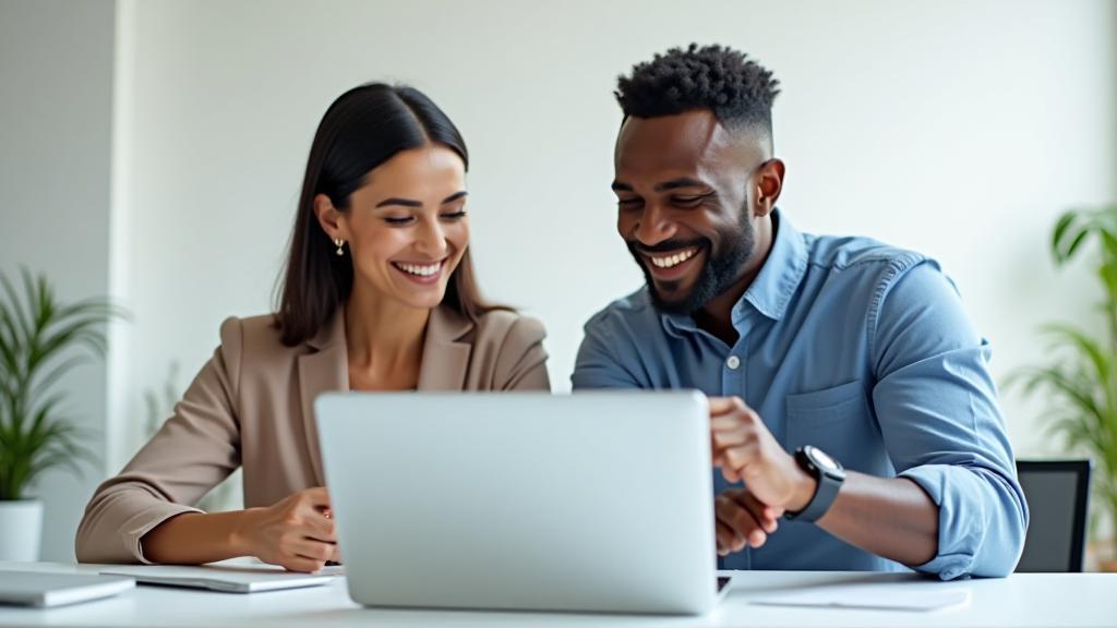 Two diverse individuals collaborating digitally, representing partnership.